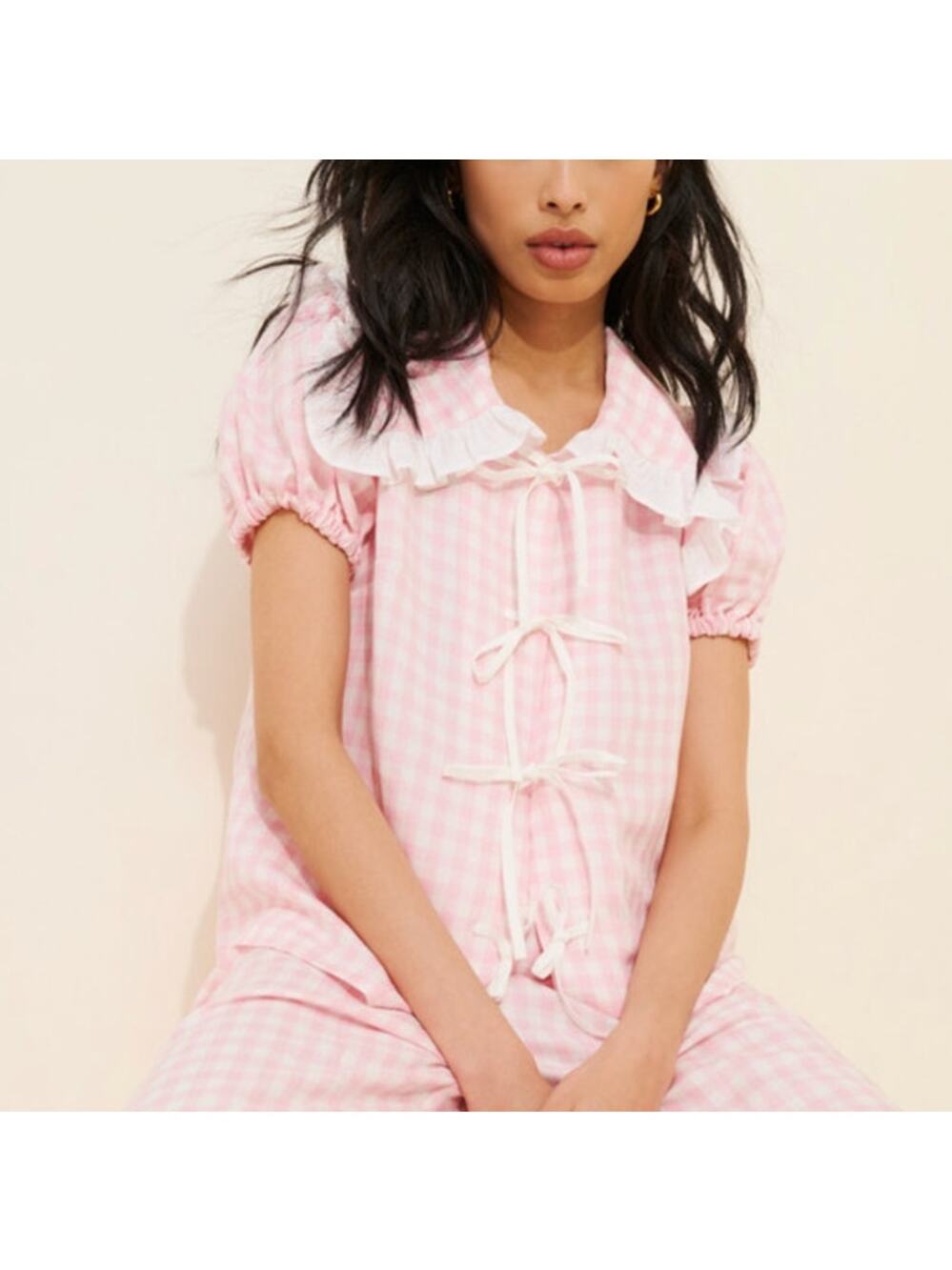 Sleeper Pink Checkered Linen Lounge Shirt Size XL